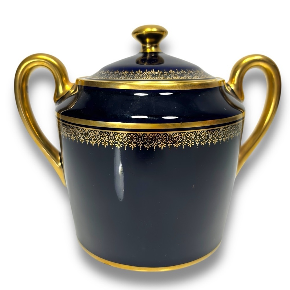 Limoges France Rene Caire Vintage Handmade Elegant Large‎ Blue Gold Sugar Bowl